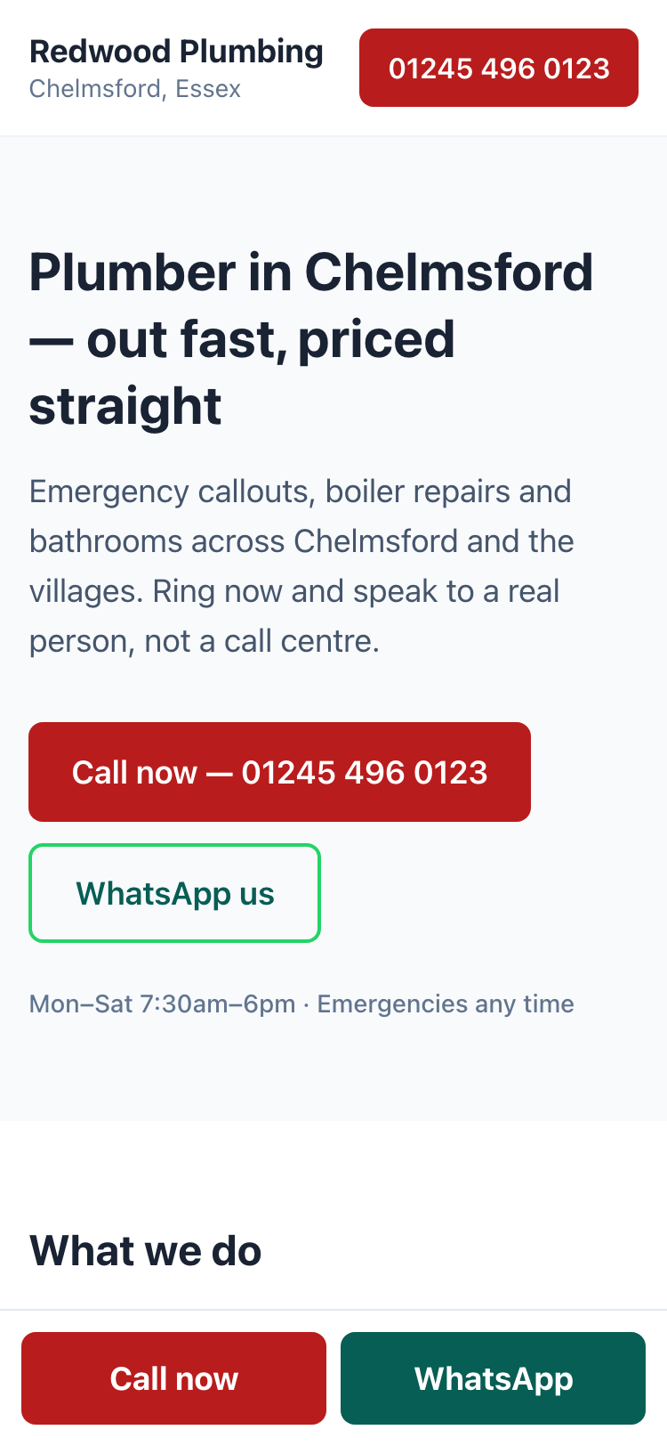 The same website shown on a phone, with a tap-to-call button
